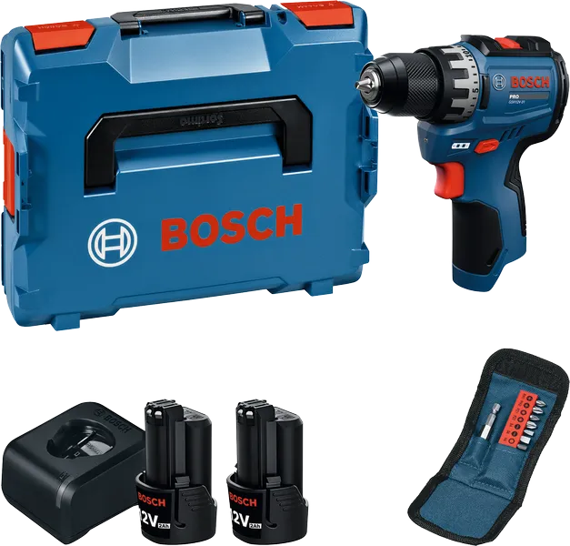 Bosch GSR12V-31 akku-boremaskinesæt med kuffert og tilbehør.